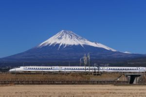 Tren Bala Shinkansen pasando frente al Monte Fuji