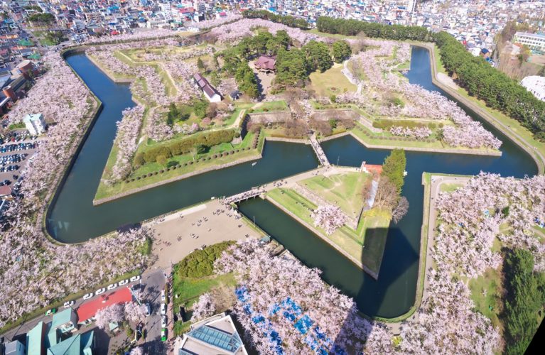 Vista aérea del fuerte Goryokaku en forma de estrella
